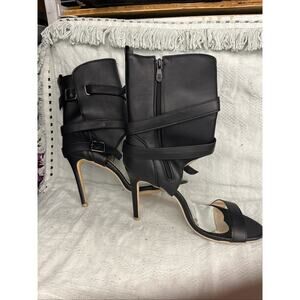 Women’s Bootie Open Toe Black Faux Leather Stiletto Heels Size 10.5 Side Zip